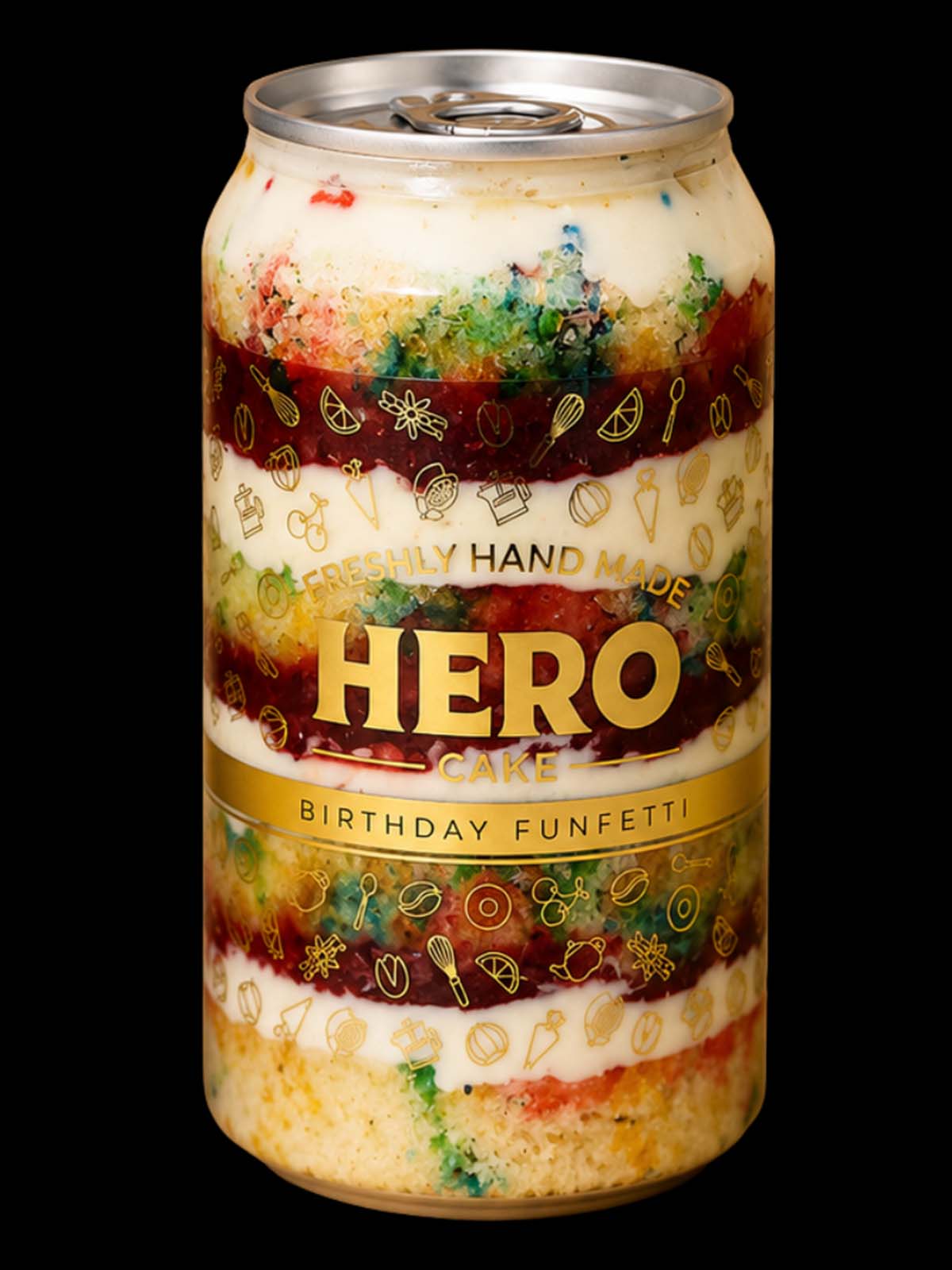 Layered cake in a can with 'HERO' branding and birthday funfetti design.