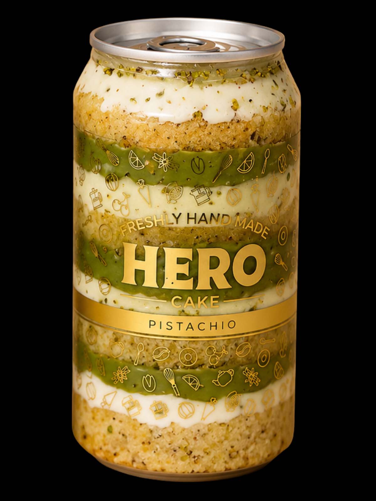 Pistachio cake in a can with 'Hero Cake' branding on a black background