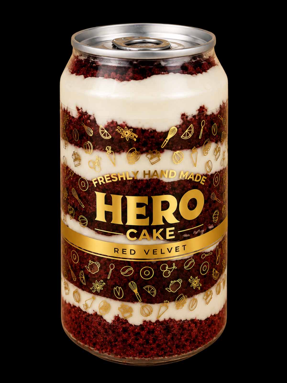 Can-shaped red velvet cake with 'Hero Cake' branding on a black background